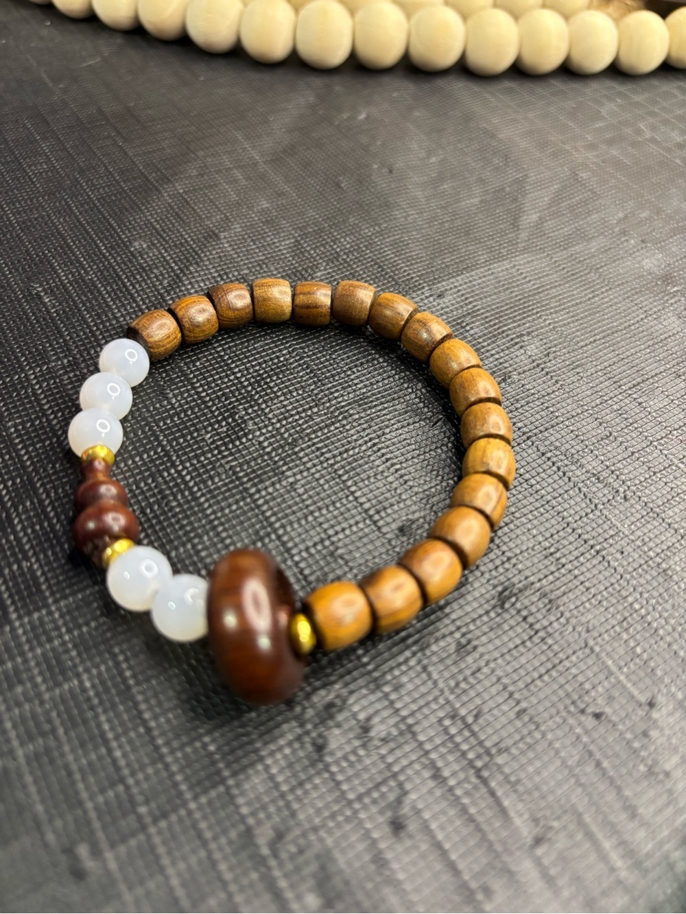 Handmade Brown Wood and White Bead Stretch Bracelet